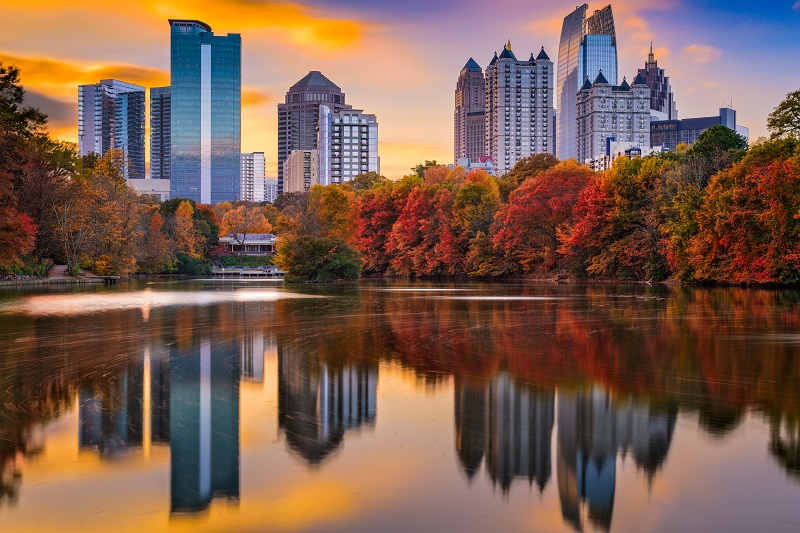 Atlanta Skyline During Fall With Reflection on Water